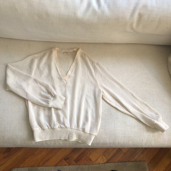 VINTAGE Daniel Martin by Boyd Babbitt Sheer Cream Long Sleeve V-Neck Blouse Top - Picture 4 of 9